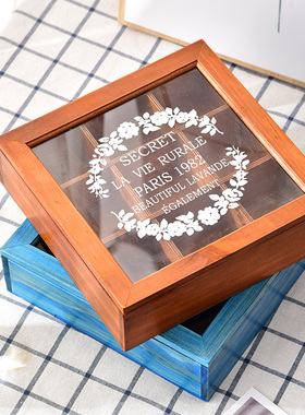 复古风木质桌面杂物翻盖永生花