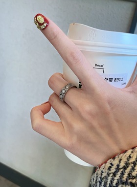 中古银色蕾丝菱格小众精致食指戒