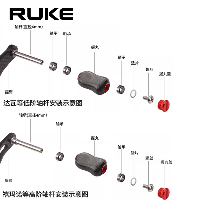 RUKE路亚渔线轮DIY改装配件轻如羽毛碳素轻量握丸4g握把适合S/D-图2