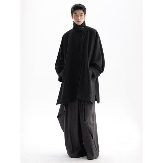 APOZi collection/mirror water floating gold/black loose mid-length coat high collar cape slit coat