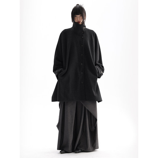 APOZi collection/mirror water floating gold/black loose mid-length coat high collar cape slit coat