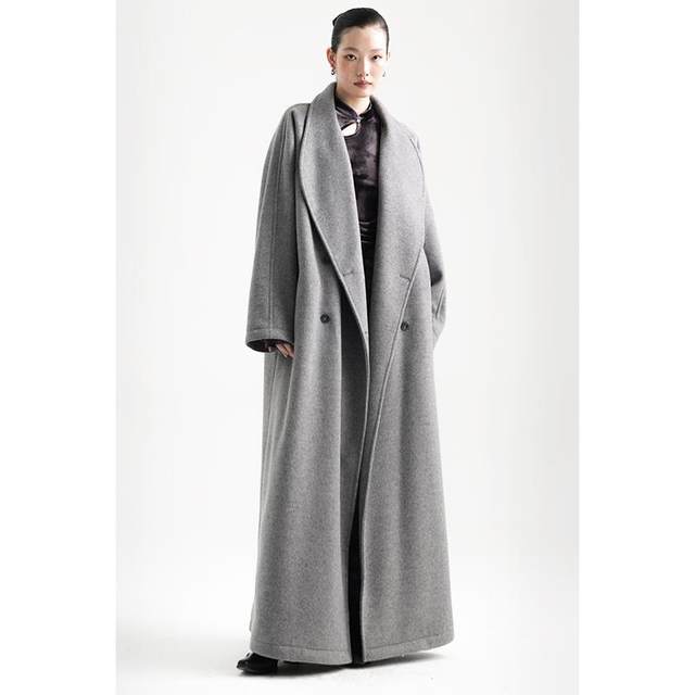 APOZi collection【山水定律】大翻领羊毛呢长款灰色秋冬大衣外套