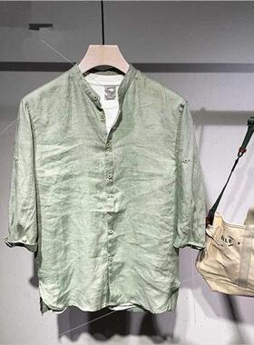 Summer solid color linen medium-sleeved shirt men Japanese s