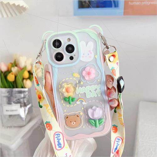 Stereo Flower Bear iPhone 15 Crossbody 13ProMax Case 适用 Ap - 图0