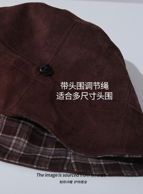 麂皮绒红色韩系格纹双面可戴渔夫帽女显脸小百搭盆帽防晒遮阳帽子