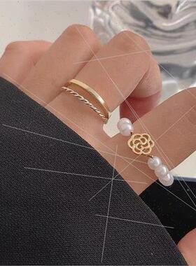 Pearl Camellia Rings 2pcs Set Stacking Combination che Korea