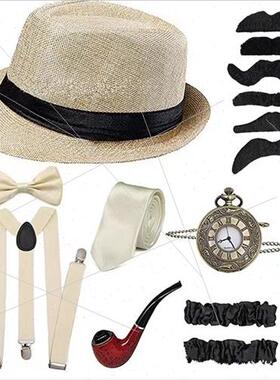 1920s Men Prom Party Bowler Hat Pipe Pocket Watch Tieback Se