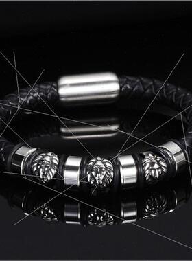 Europe men retro punk bracelet lion head leather compilation