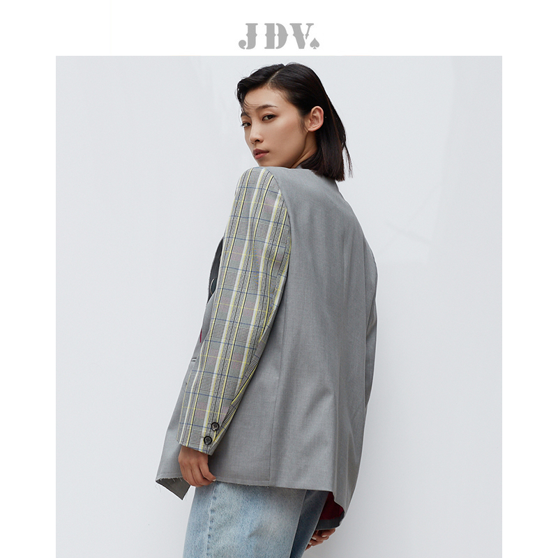 JDV女装商场同款年春秋新品格纹拼接潮百搭休闲西服西装外套