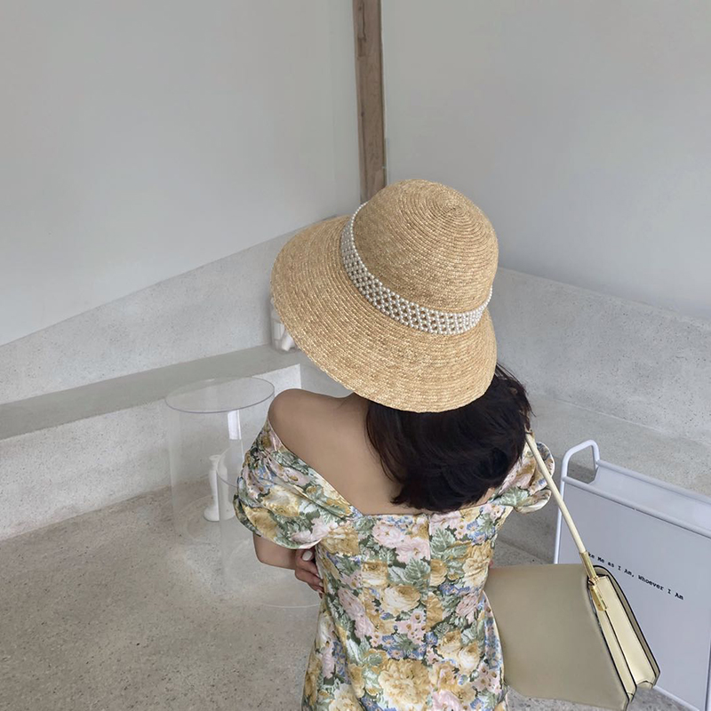 潮孚旗舰店夏天草帽女网红珍珠海边防嗮遮阳帽韩版麦秆小香风大檐沙滩太阳帽0