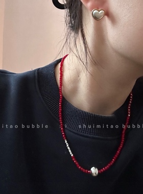 自制 碎银拼接红色晶石choker颈链女辣妹风锁骨链高级感日常百搭