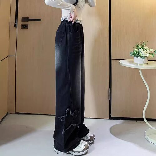 黑色直筒加绒牛仔裤女童中大童初中学生宽松阔腿休闲松紧腰裤子 - 图0