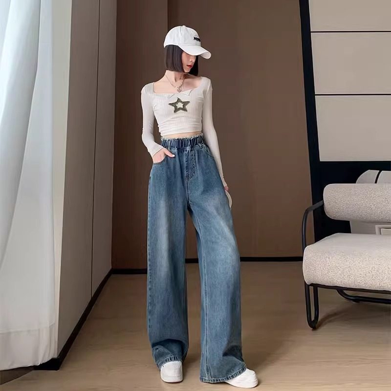 直筒牛仔裤女春秋2025新款松紧高腰垂感宽松显瘦胖mm大码阔腿裤子,淘宝优惠券,粉丝福利购,淘宝优惠卷