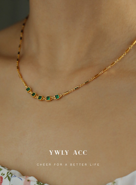 欧美祖母绿锆石镶嵌高级感项链轻