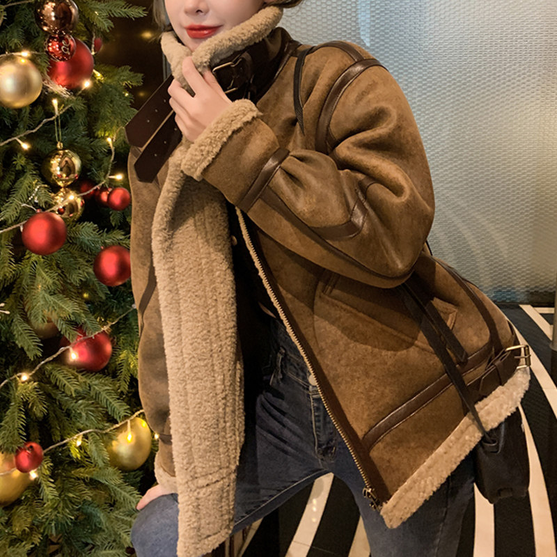 新款皮毛一体秋冬羊羔毛加绒机车服 吟娇短外套