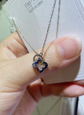 s925通体纯银黑色四叶草双环套环气质休闲百搭项链简约设计感颈链