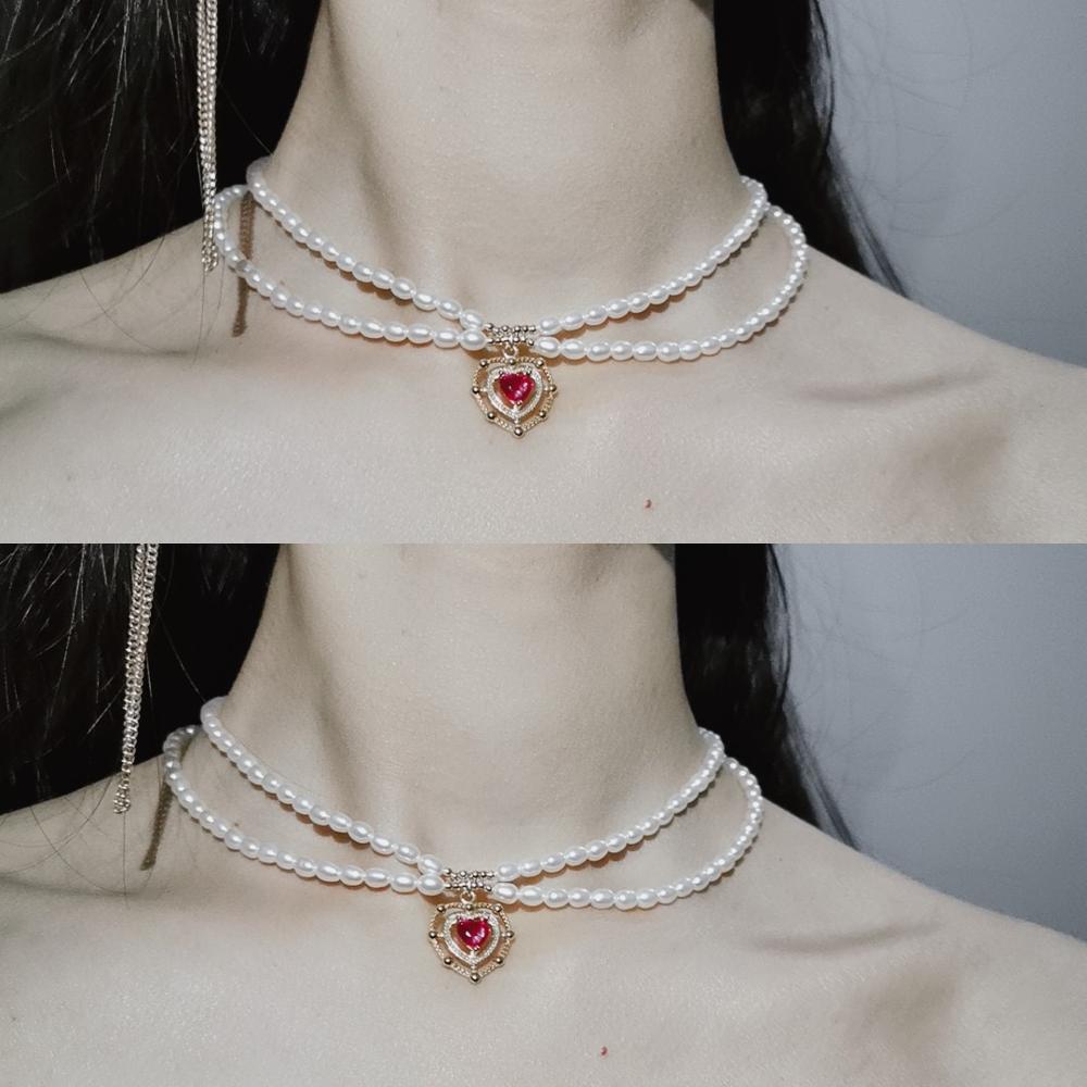 HUANZHI Vintage Sweet Choker Weave Pearls Choker Red Heart C - 图2