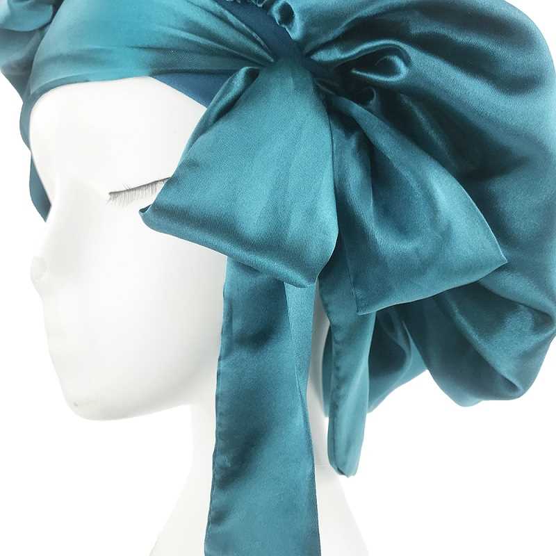 Solid Satin Bonnet with Wide Stretch Ties Long Hair Care Com - 图3