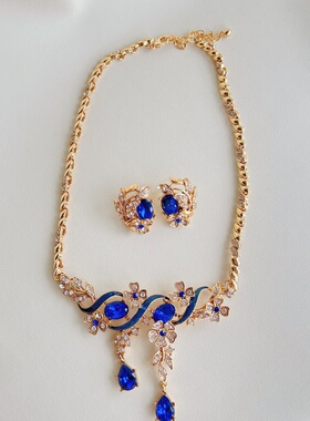 小众设计莱茵石雕花蓝色时尚项链