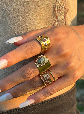 manjusaka时尚出圈！欧美嘻哈关节戒指，金属熔岩宝石 rings 组合