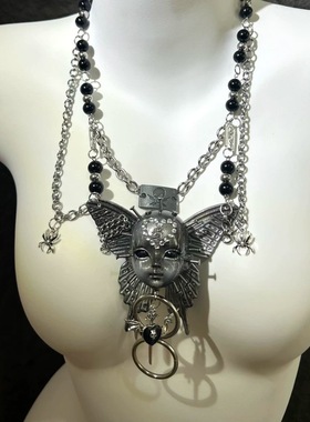 manjusaka 手工暗黑重工项链哥特银色串珠爱字蝴蝶娃头亚文化颈饰
