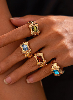 manjusaka欧美潮人！甜酷风复古戒指合金材质 + 个性几何宝石镶嵌
