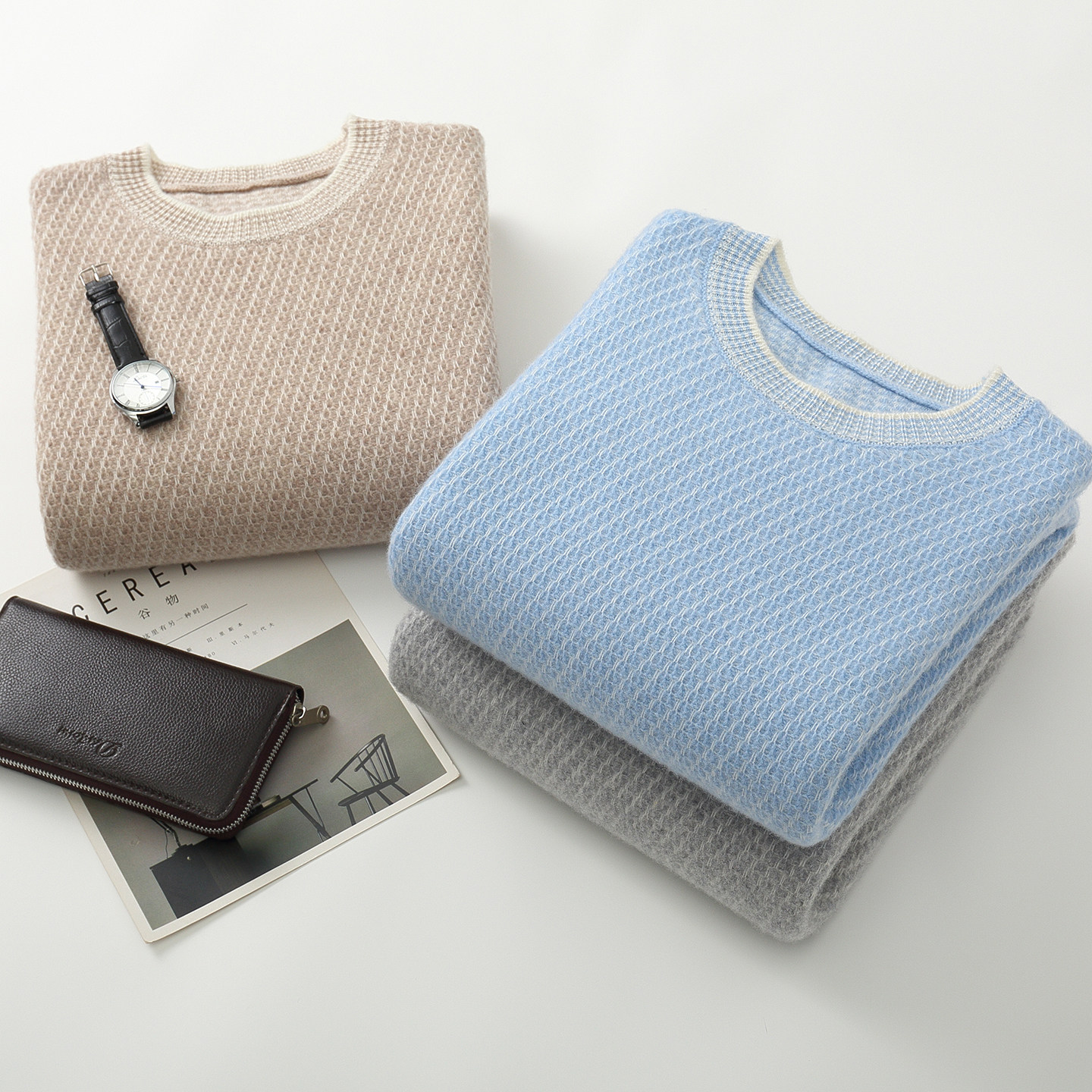 2025新款圆领提花羊毛衫男款针织毛衣休闲时尚蜂窝长袖打底衫上衣