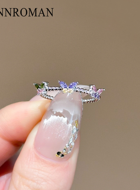 紫色锆石蝴蝶戒指女开口食指戒