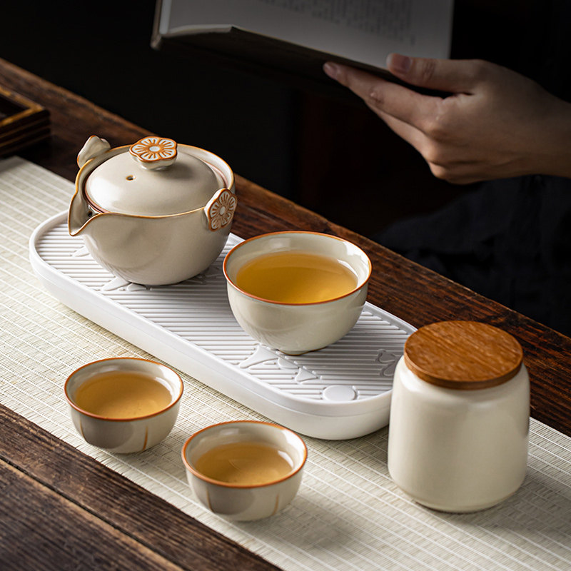 Gold inlaid corn yellow Ru kiln travel tea set