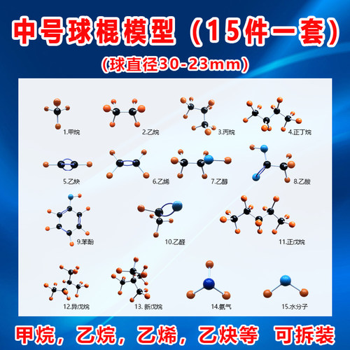 中号分子结构模型球棍模型15件一套甲烷乙烷乙烯乙烯苯酚乙醇乙酸戊烷丁烷水苯分子氨 - 图0