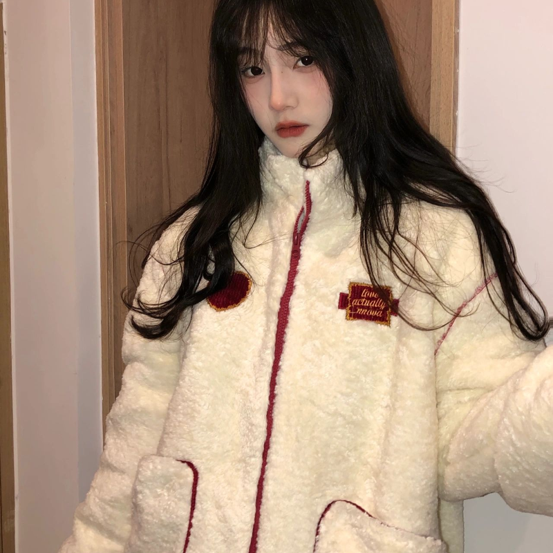NNOVA秋冬潮牌拼接白色羊羔绒外套国潮男女情侣毛绒棉服_NNOVA线上商店_男装