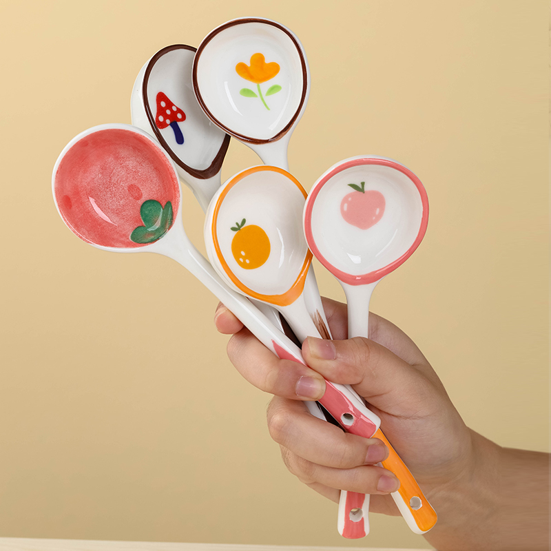 卡通吃饭陶瓷勺子家用可爱小勺子创意儿童喝汤调羹长柄汤勺汤匙 - 图1
