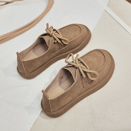 日系勃肯鞋女2025春季新款丑萌大头豆豆单鞋复古英伦风系带乐福鞋