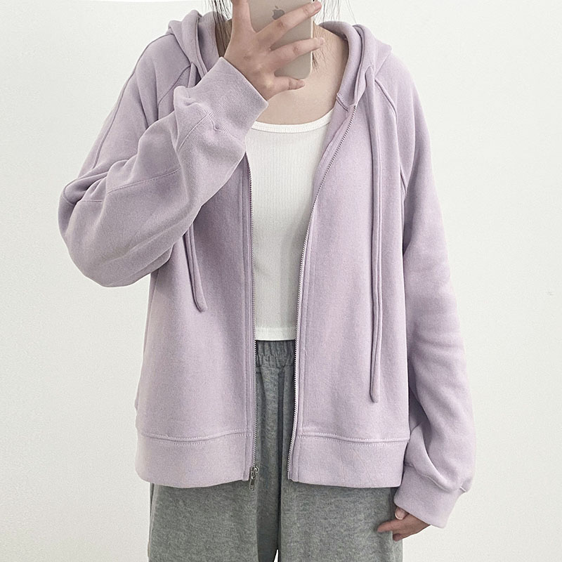 浅紫色插肩袖卫衣外套女短款2025秋冬小个子连帽开衫宽松拉链上衣 - 图2