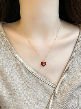 红色珐琅滴釉爱心吊坠项链春夏轻奢小众高级感气质百搭锁骨链女