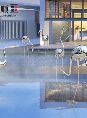 镜面不锈钢火烈鸟仙鹤雕塑售楼处庭院水池景观装饰落地摆件艺术品