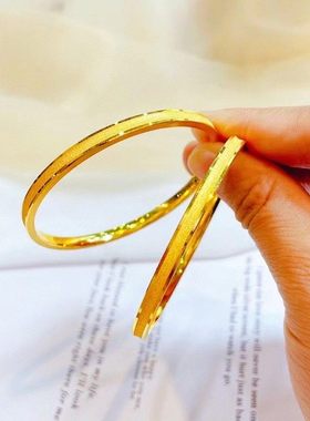 3D硬金黄金双线手镯999足金磨砂素圈简约手环24K纯金镯子送礼女款