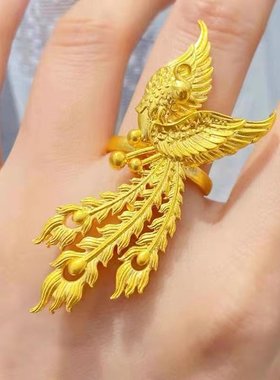 古法黄金凤凰戒指999足金孔雀戒指婚嫁结婚三金纯金指环送礼