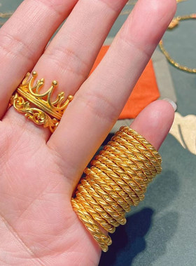古法金黄金麻花戒指女款999足金实心素圈扭绳指环时尚纯金小金圈