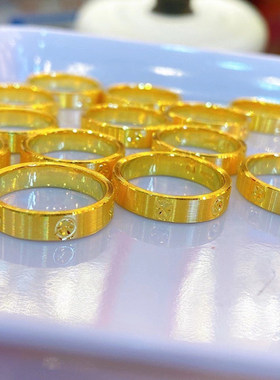 3D硬金黄金车花戒指足金999时尚简约男女款情侣对戒纯金素圈指环