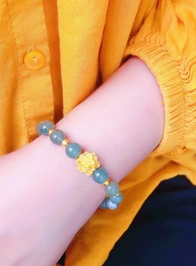3D硬金黄金天然翡翠莲花手链足金999转运珠纯金手串女送妈妈礼物