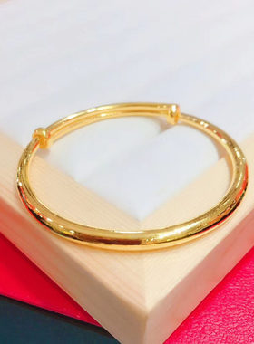 24K黄金手镯女款999足金实心素金光圈手环时尚推拉调节金镯子