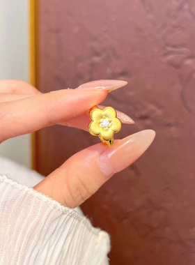 5D黄金花朵戒指女999足金拉丝镶嵌点钻戒指纯金意大利小金花送礼