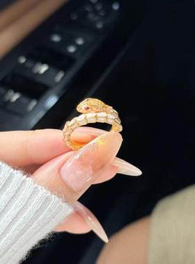 5D硬金黄金青蛇戒指999足金新款镶嵌灵蛇指环纯金白蛇戒子送女友