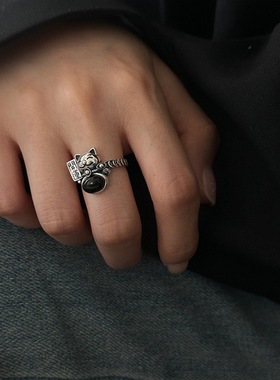 一恋精致黑色锆石招财猫戒指女复古时尚百搭做旧开口食指