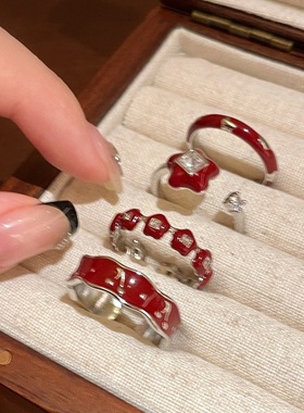 一恋酒红色花朵戒指女精致滴釉樱桃开口指环ins风小众食