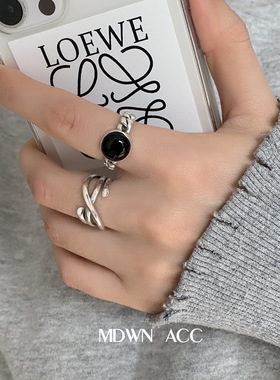 一恋韩版线条交叉戒指女复古黑色圆形滴釉开口指环链条食指戒潮