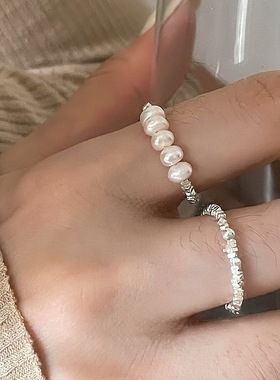 一恋碎银珍珠手工戒指女韩版时尚个性S925银几何不规则串珠指环食