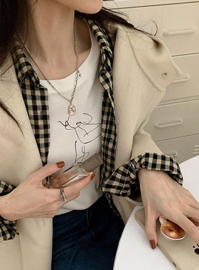 一恋日韩圆牌字母项链女复古时尚锁扣破碎裂痕个性锁骨链毛衣链