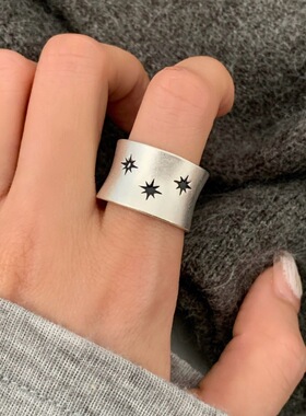 复古星星戒指女简约几何宽边黑色星芒S925镀银开口指环个性食指戒